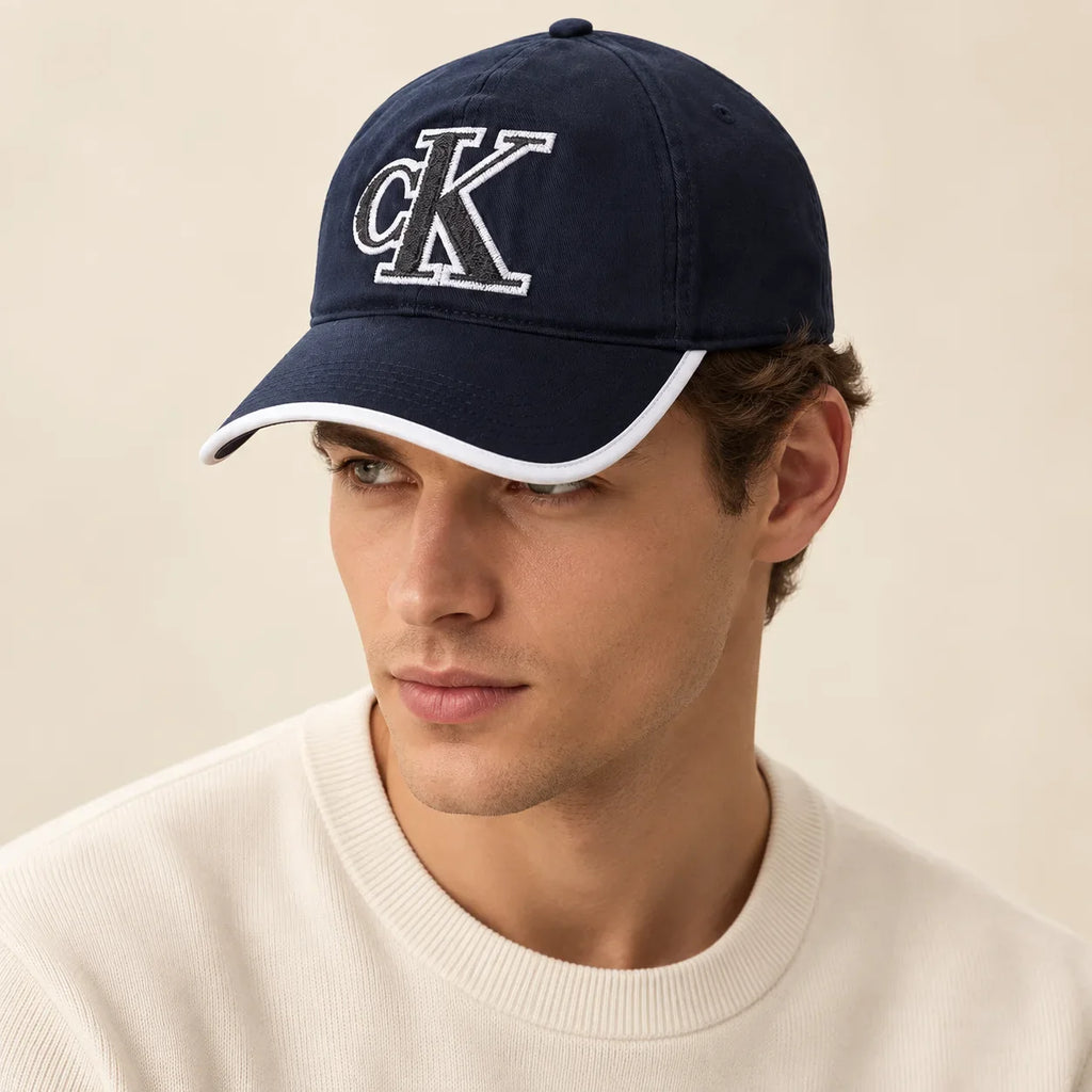 Model wearing baseball cap on head