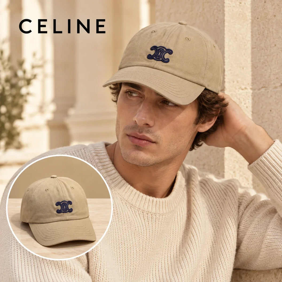 Celine Celine Baseball Cap worn by a Western model with product detail inset