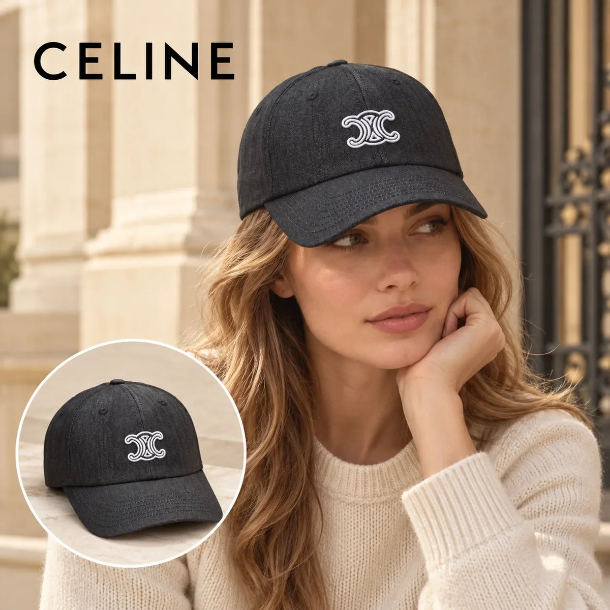 Celine Celine Baseball Cap worn by a Western model with product detail inset
