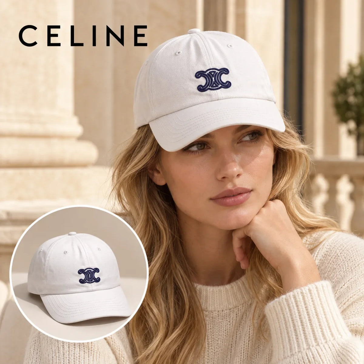 Celine Celine Baseball Cap worn by a Western model with product detail inset