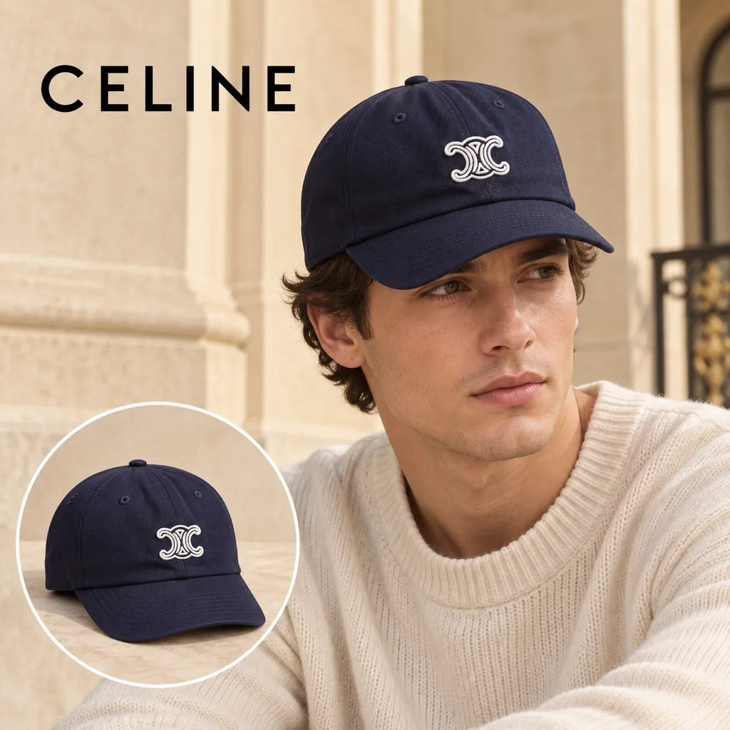 Celine Celine Baseball Cap worn by a Western model with product detail inset