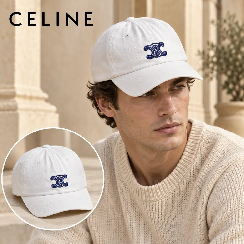 Celine Celine Baseball Cap worn by a Western model with product detail inset