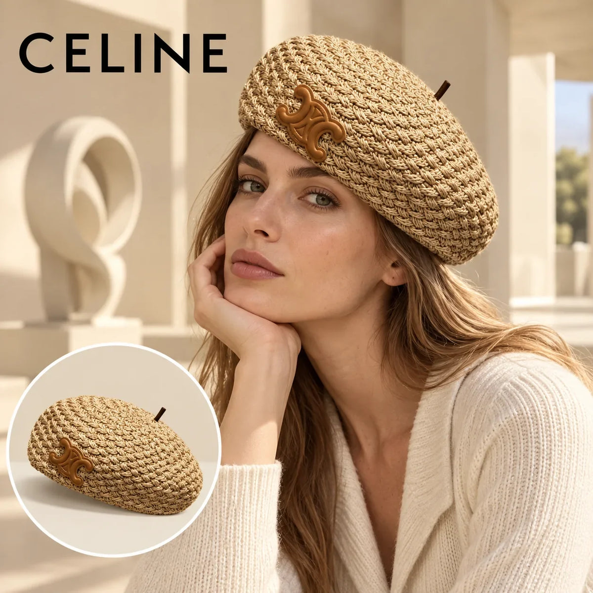 Celine Celine Beret worn by a Western model with product detail inset