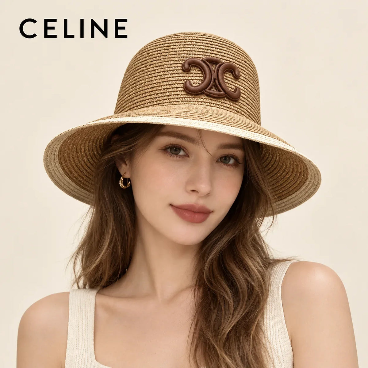 Model wearing celine bucket hat on head