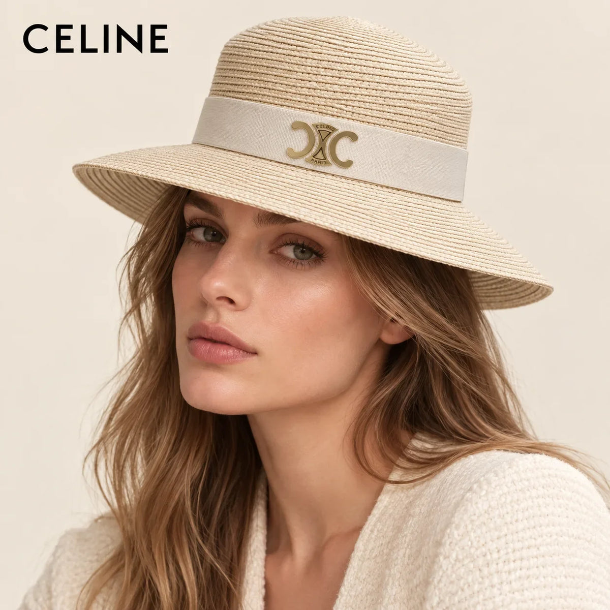Model wearing celine straw hat on head