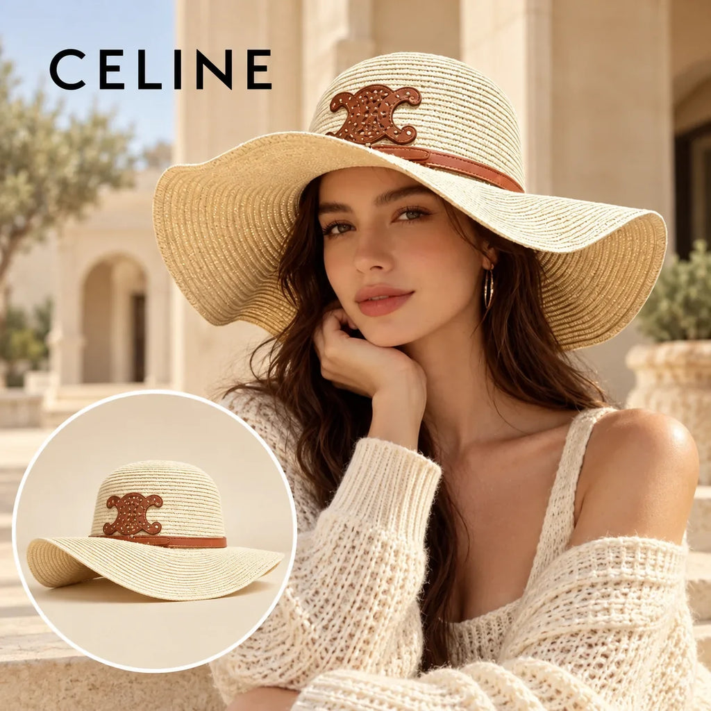 Celine Celine Woven Open Knit Hat worn by a Western model with product detail inset