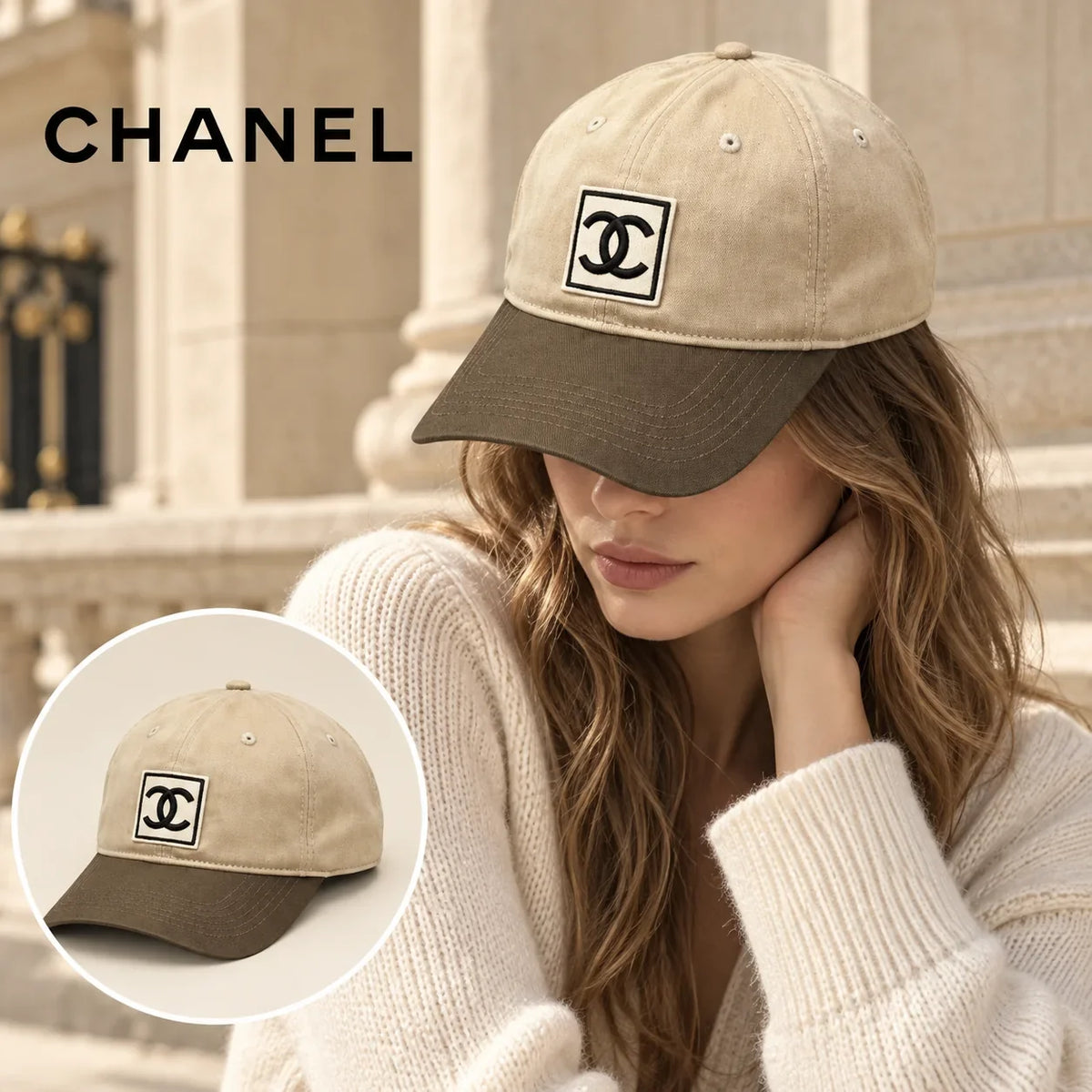 Chanel Chanel Baseball Cap worn by a Western model with product detail inset
