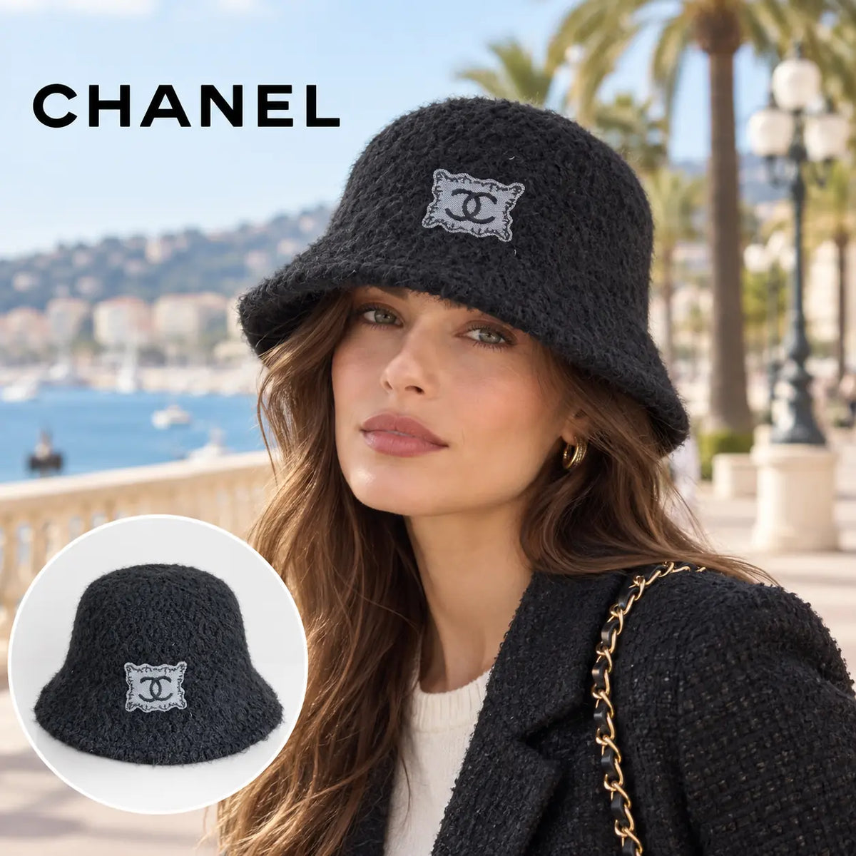 Chanel Bucket Hat worn by a model