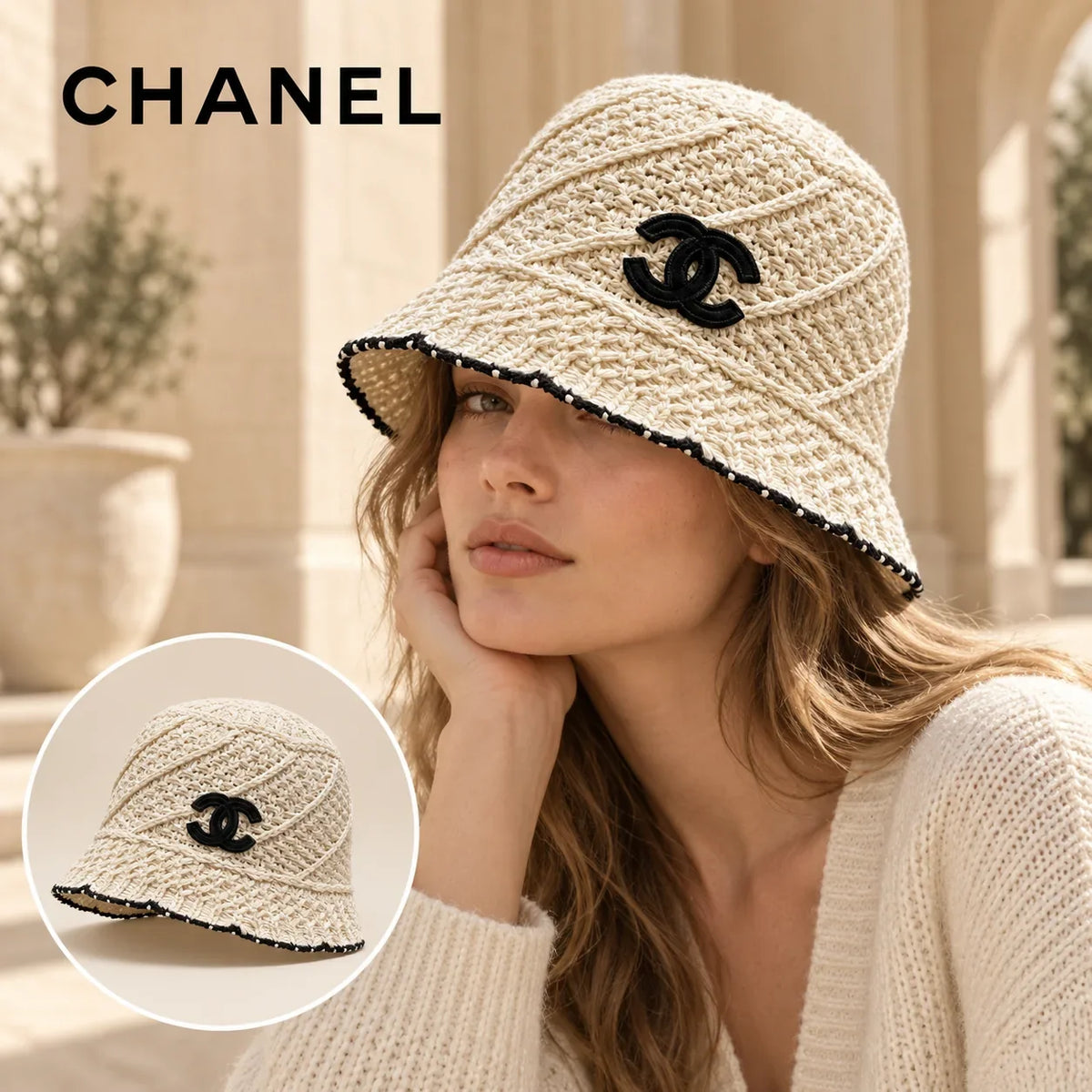 Chanel Chanel Bucket Hat worn by a Western model with product detail inset
