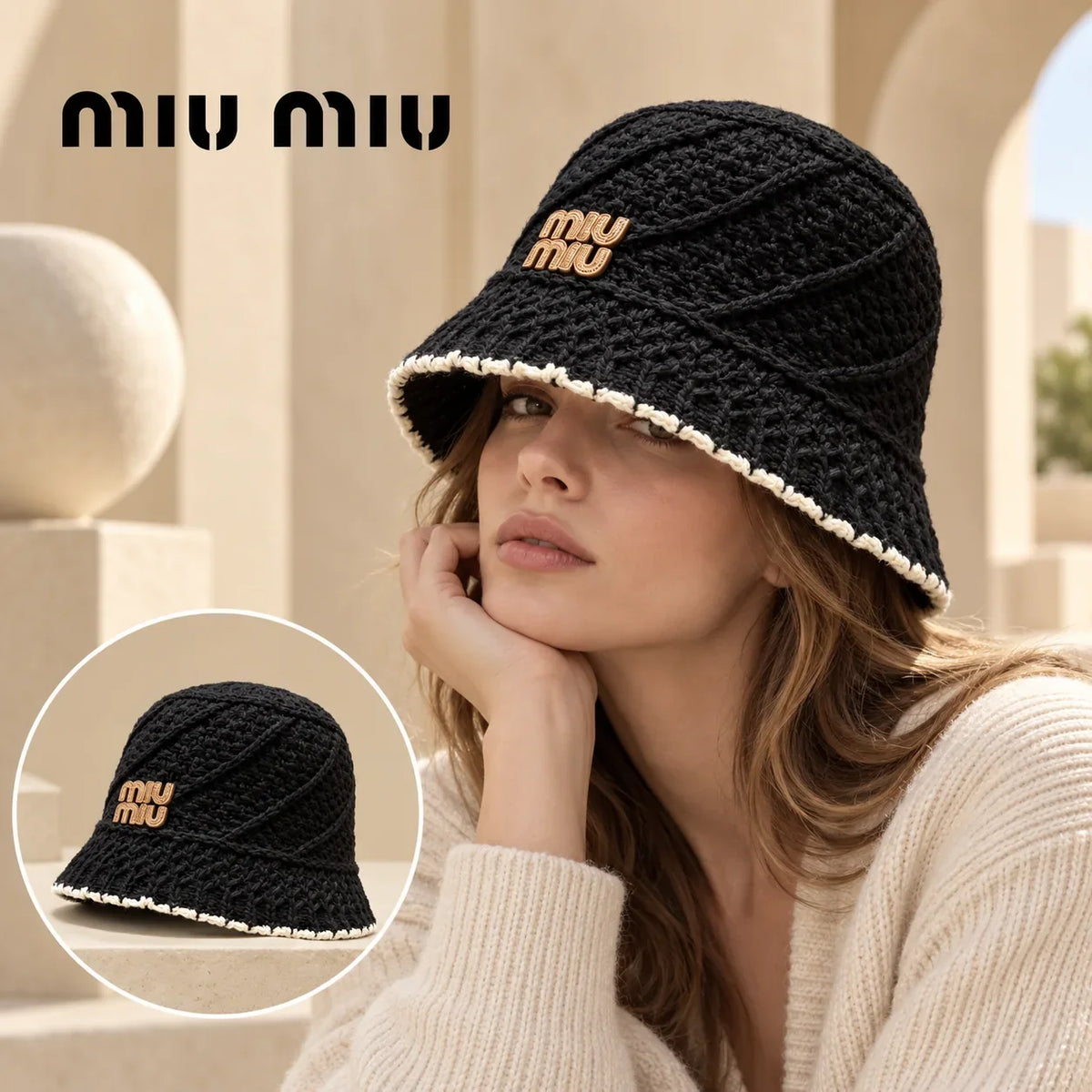 Chanel Chanel Bucket Hat worn by a Western model with product detail inset