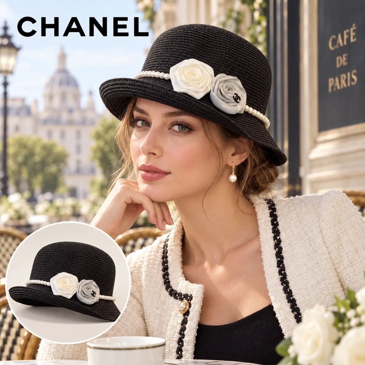 Chanel Bucket Hat worn by a model