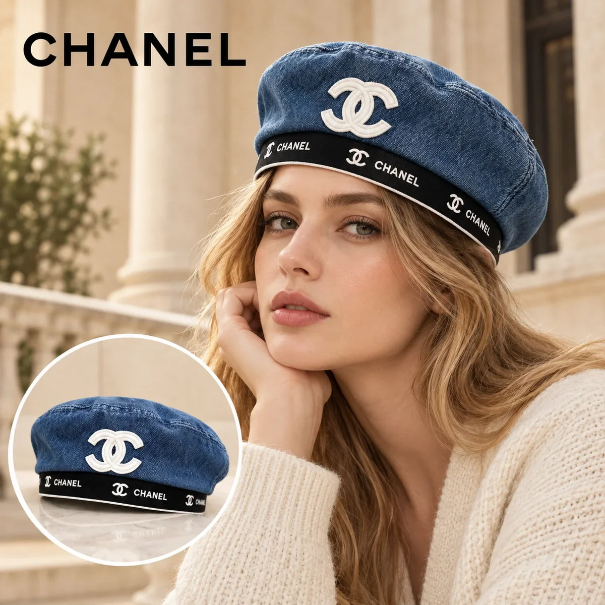Chanel Chanel Denim Beret worn by a Western model with product detail inset