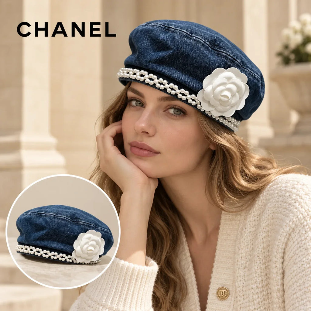 Chanel Chanel Denim Woven Beret worn by a Western model with product detail inset
