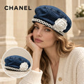 Chanel Chanel Denim Woven Beret worn by a Western model with product detail inset