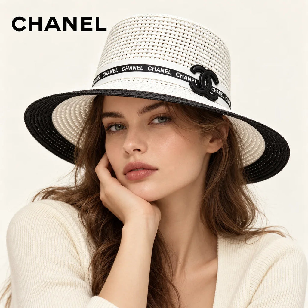 Model wearing chanel hat on head