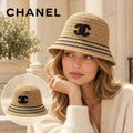 Chanel Chanel Knit Bucket Hat worn by a Western model with product detail inset