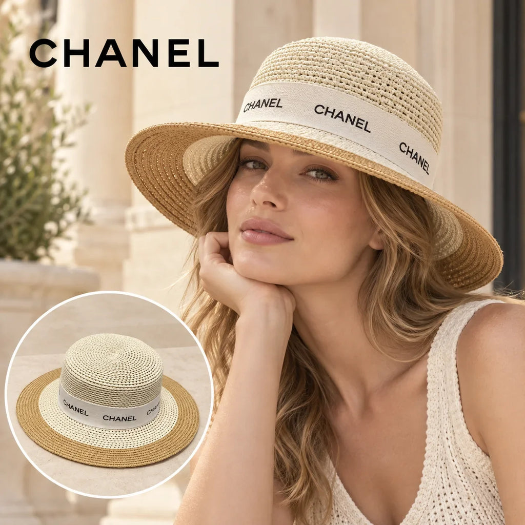 Chanel Chanel Straw Hat worn by a Western model with product detail inset