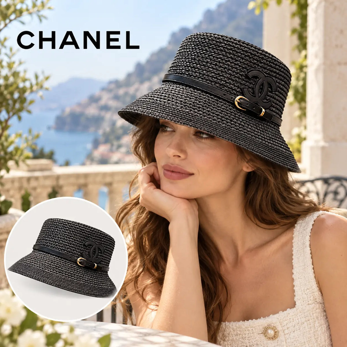 Chanel Straw Hat worn by a model