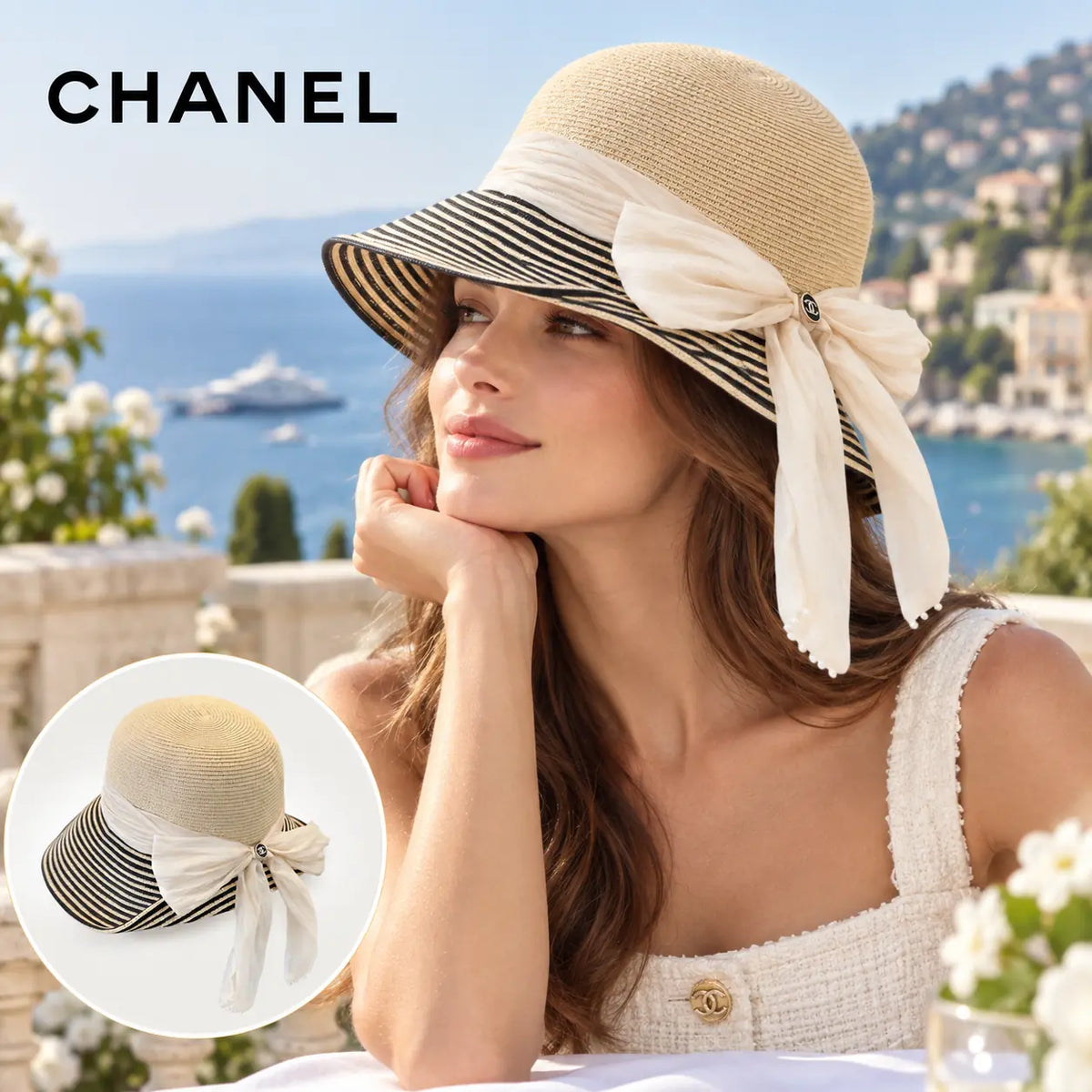 Chanel Straw Hat worn by a model
