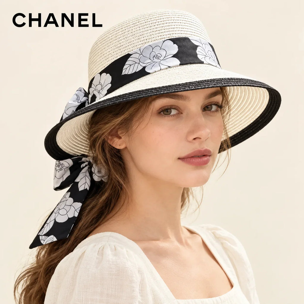 Model wearing chanel woven bucket hat on head