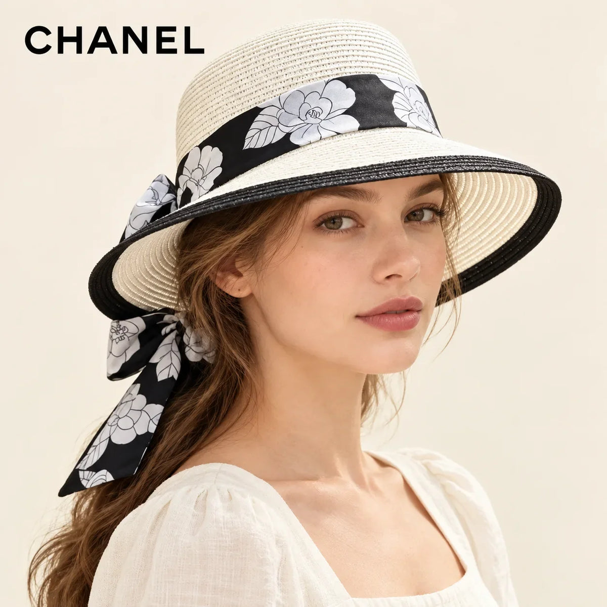 Model wearing chanel woven bucket hat on head
