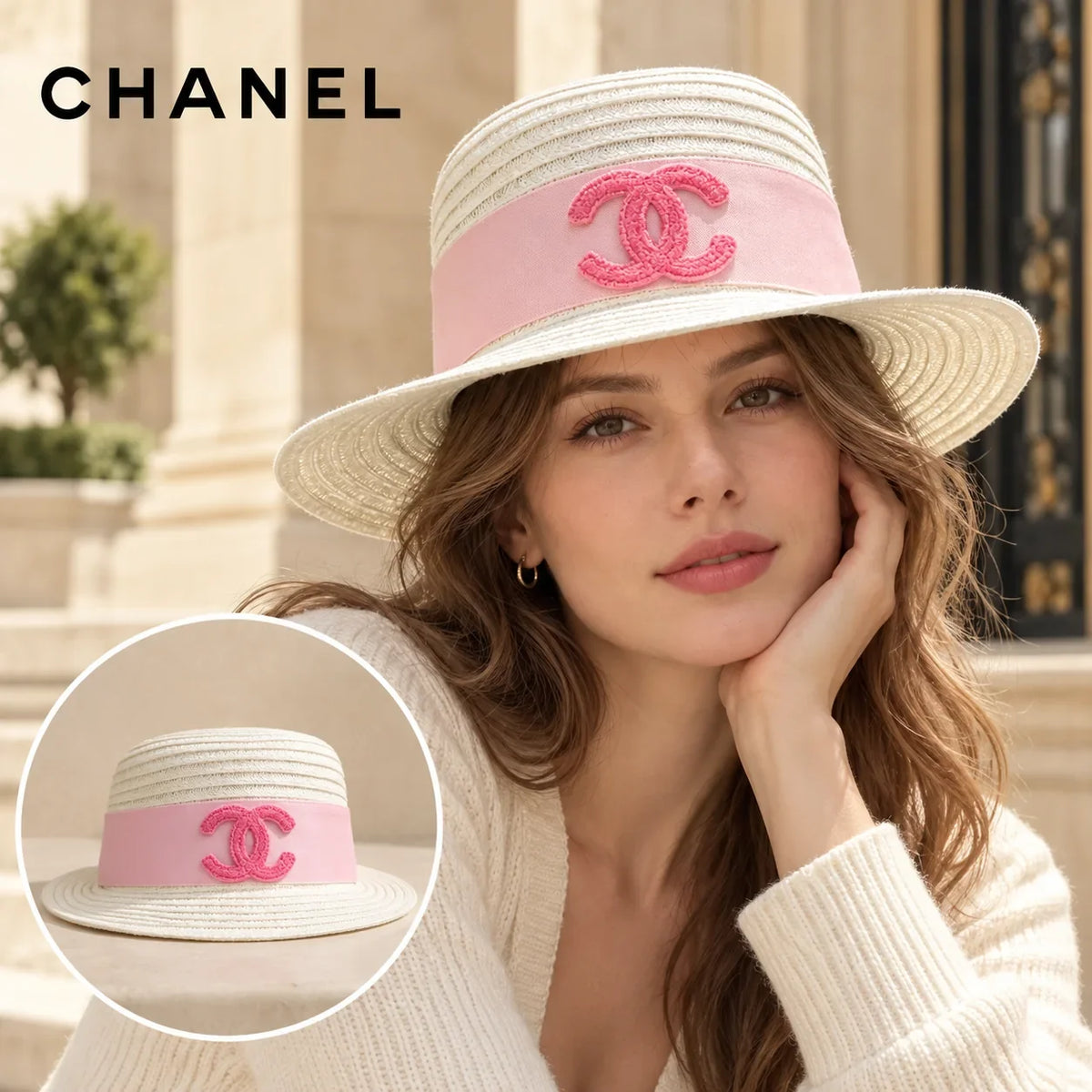 Chanel Chanel Woven Hat worn by a Western model with product detail inset