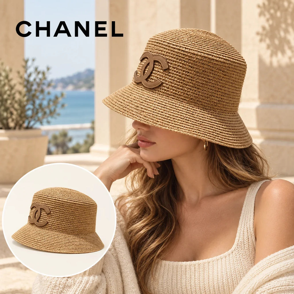 Chanel Chanel Woven Open Knit Bucket Hat worn by a Western model with product detail inset