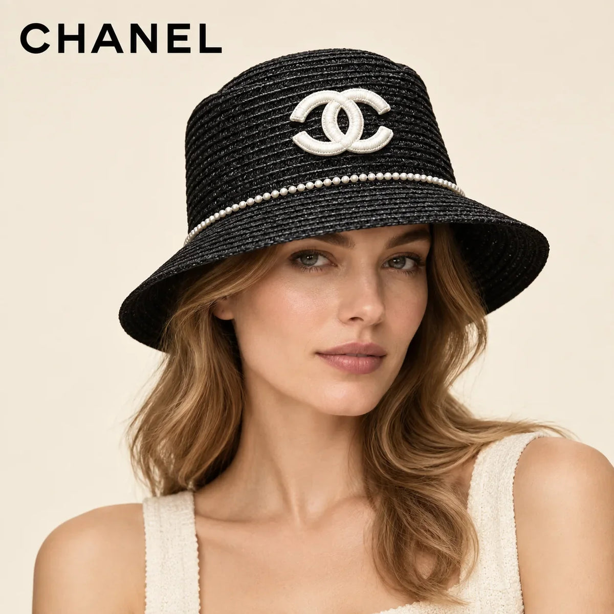 Model wearing chanel woven open knit hat on head