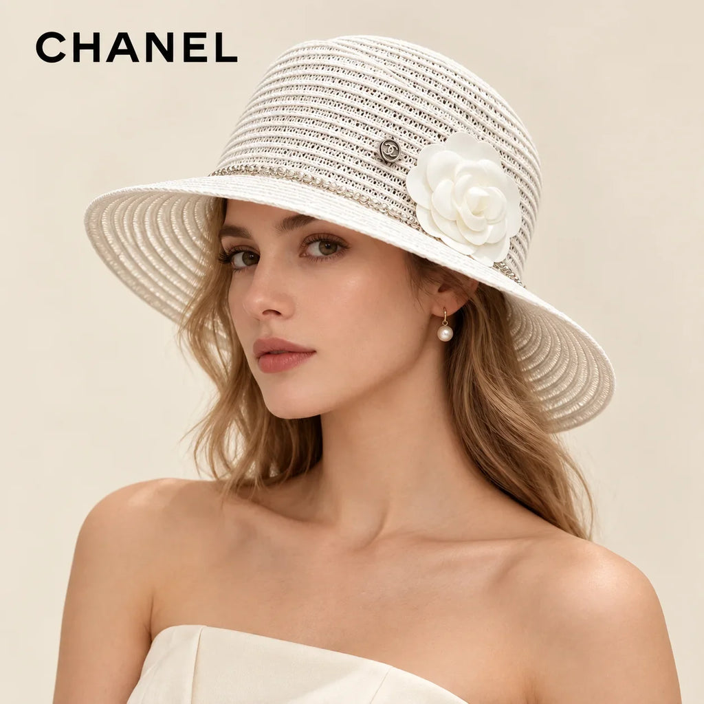 Model wearing chanel woven open knit hat on head