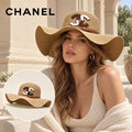 Chanel Chanel Woven Open Knit Hat worn by a Western model with product detail inset