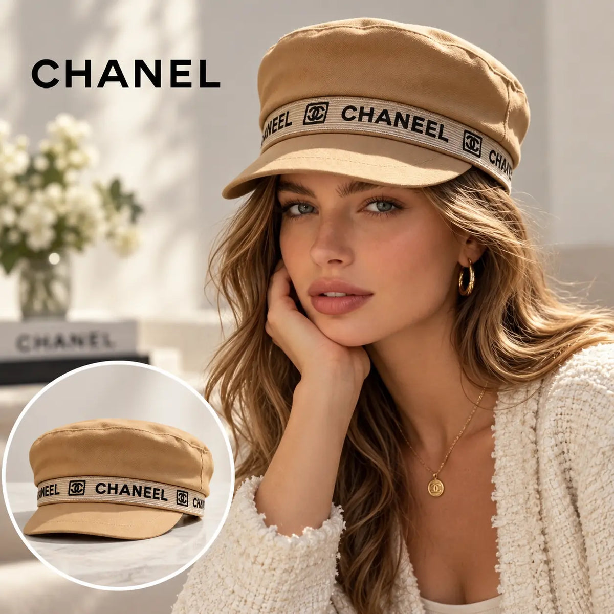Chanel Woven Open Knit Hat worn by a model