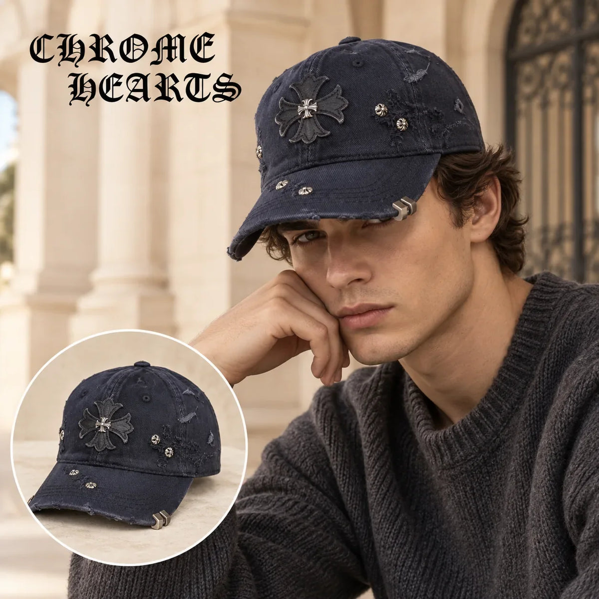 Chrome Hearts Chrome Hearts Baseball Cap worn by a Western model with product detail inset