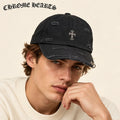 Model wearing chrome hearts baseball cap on head