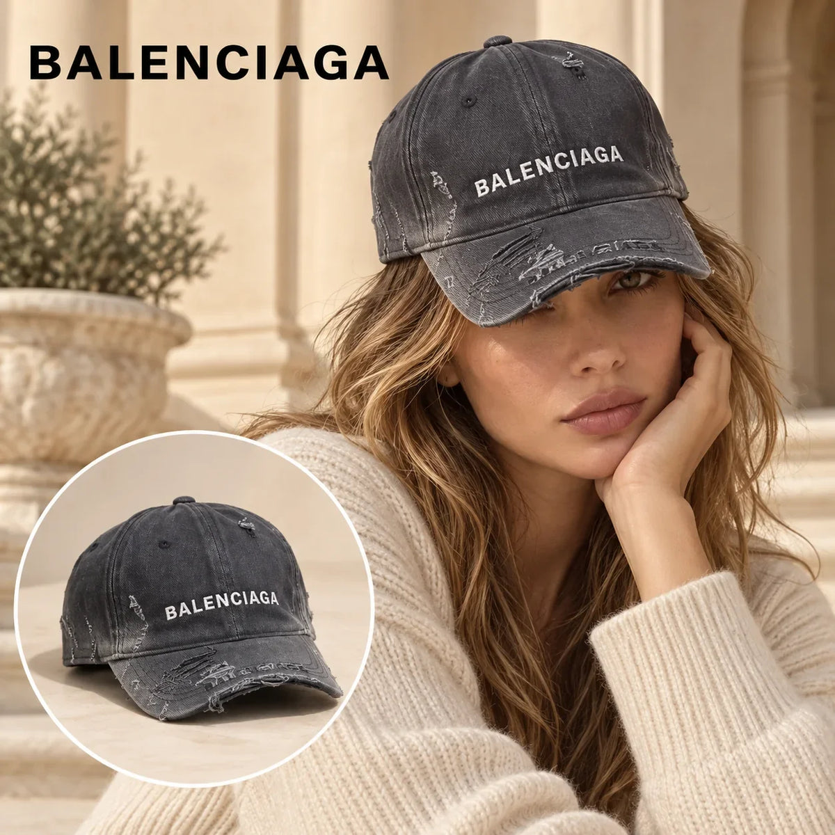 Chrome Hearts Chrome Hearts Baseball Cap worn by a Western model with product detail inset