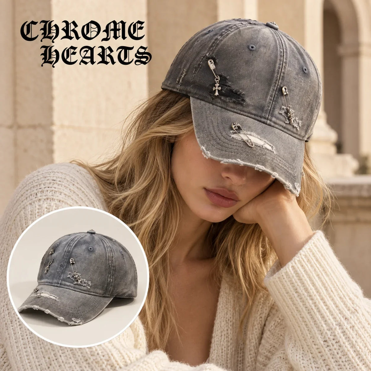 Chrome Hearts Chrome Hearts Baseball Cap worn by a Western model with product detail inset