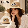 Dior Dior Woven Open Knit Bucket Hat worn by a Western model with product detail inset