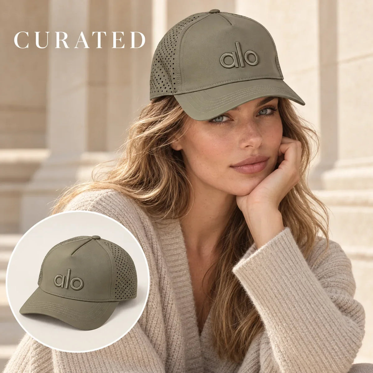 Independent Embroidered Baseball Cap worn by a Western model with product detail inset