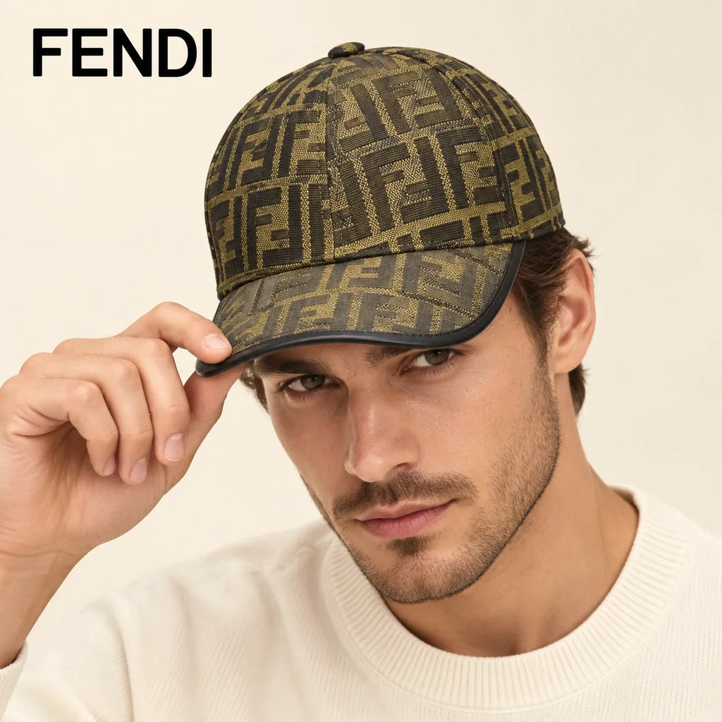 Model wearing fendi baseball cap on head