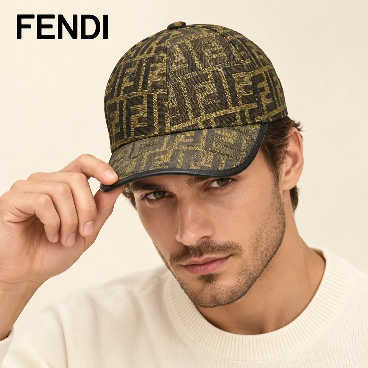 Model wearing fendi baseball cap on head