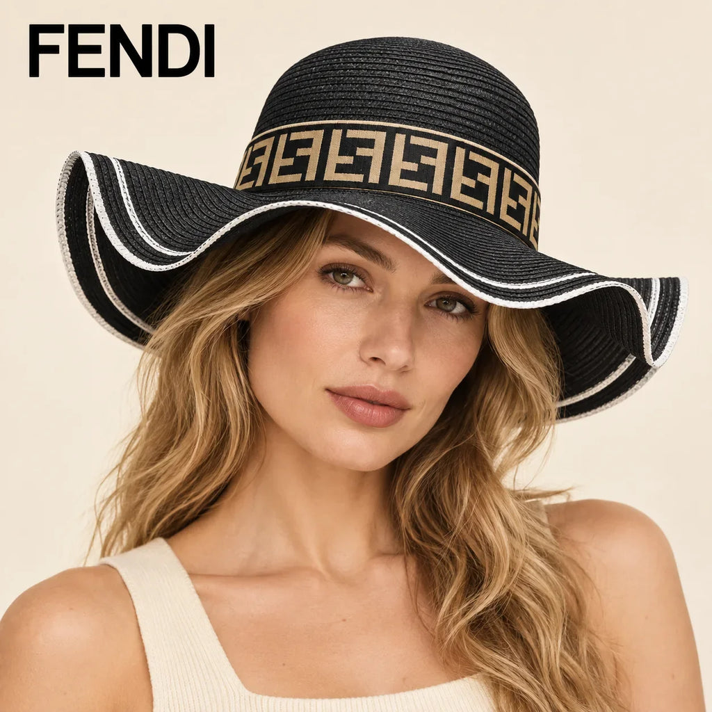 Model wearing fendi wide brim hat on head