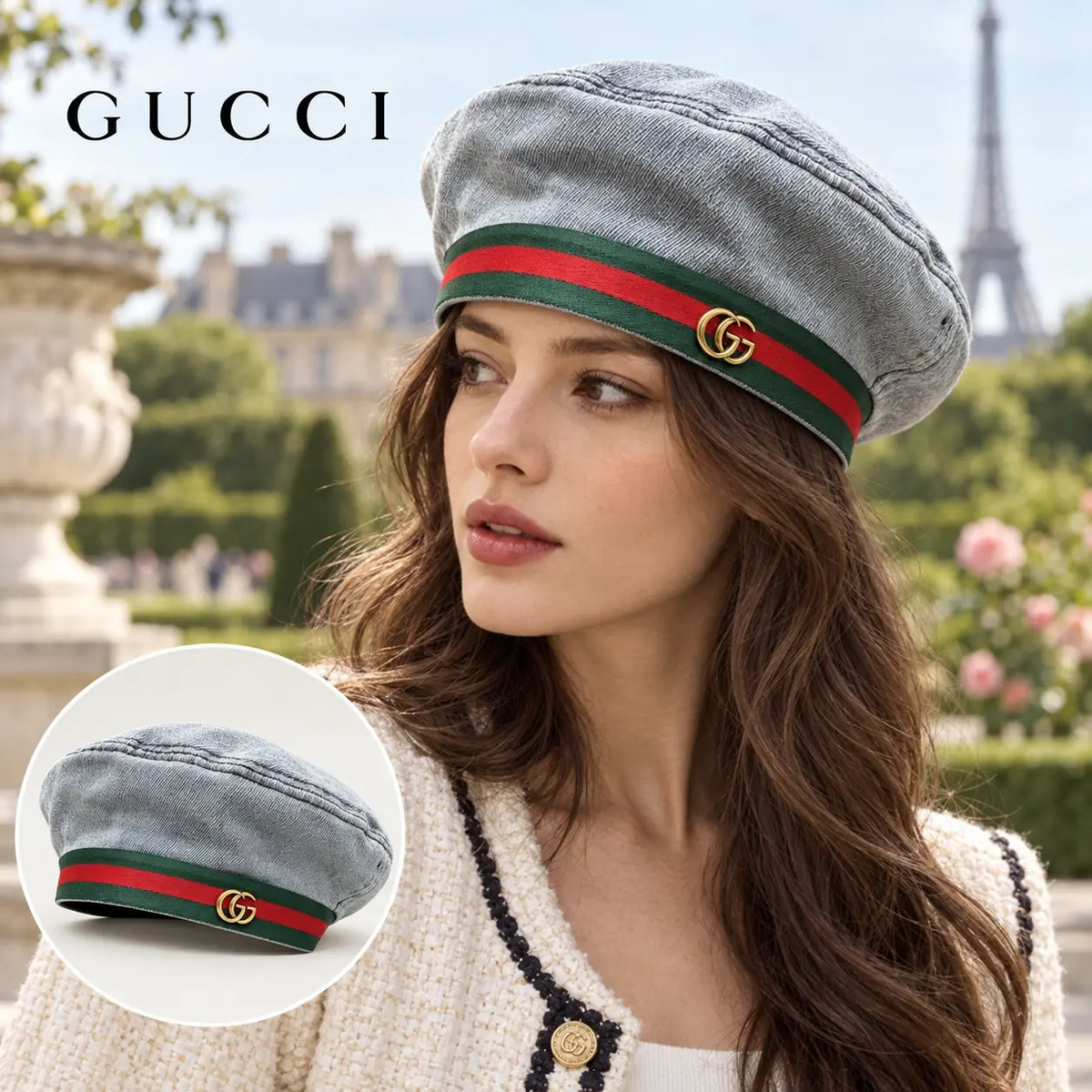 Gucci Denim Beret worn by a model