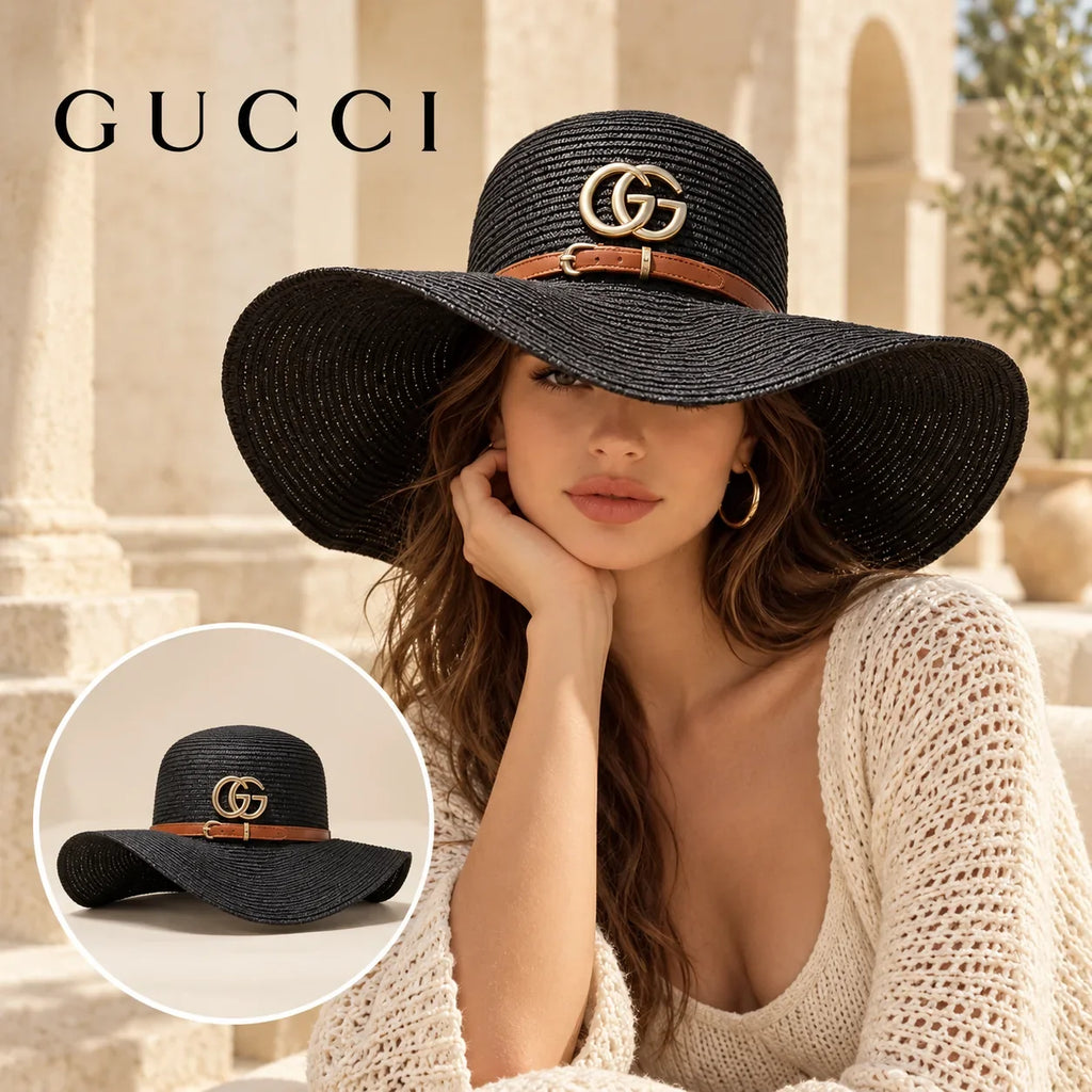 Gucci Gucci Woven Open Knit Hat worn by a Western model with product detail inset
