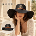 Gucci Gucci Woven Open Knit Hat worn by a Western model with product detail inset