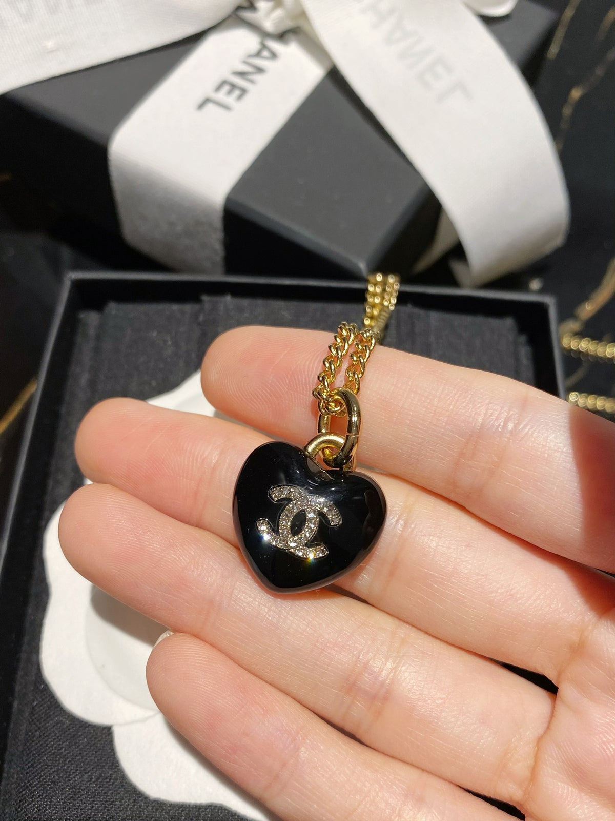 Chanel Interlocking C Gray Black Heart Crystal Accent Necklace - album image 3