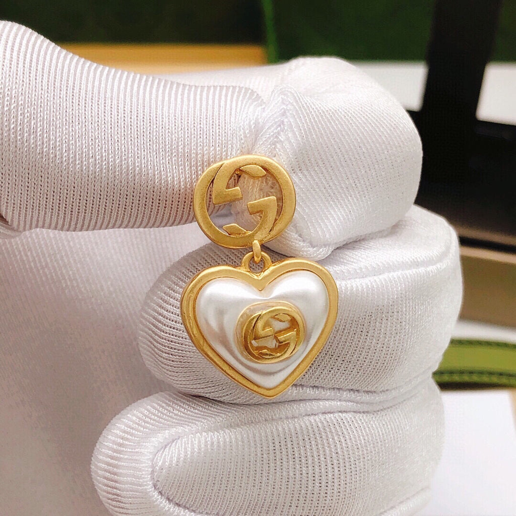 Gucci Interlocking G Pearl Heart Crystal Accent Antiqued Earrings - album image 2