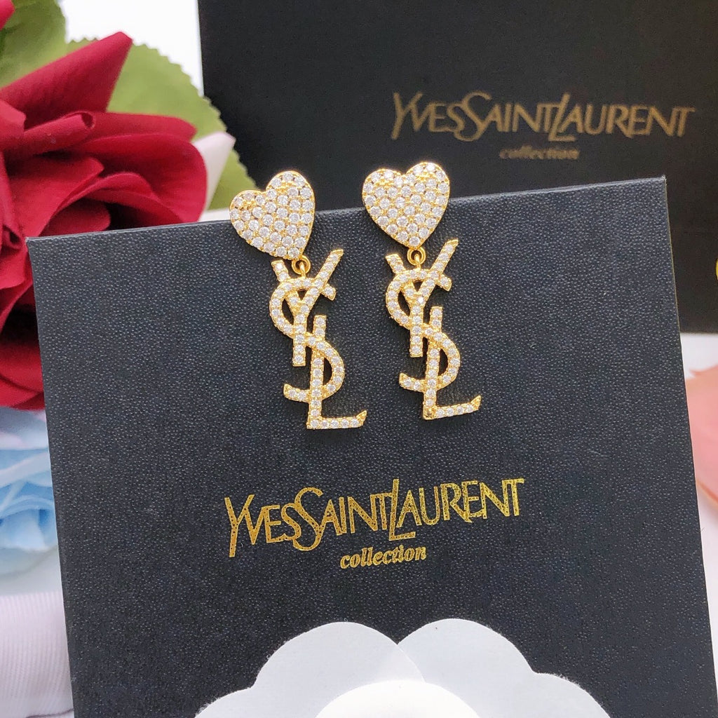 Saint Laurent Crystal Heart Monogram Drop Earrings in Two Metal Tones - album image 1