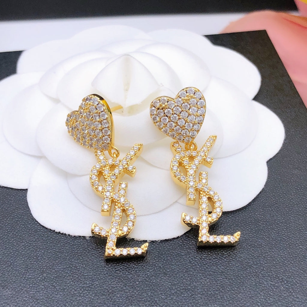 Saint Laurent Crystal Heart Monogram Drop Earrings in Two Metal Tones - album image 6
