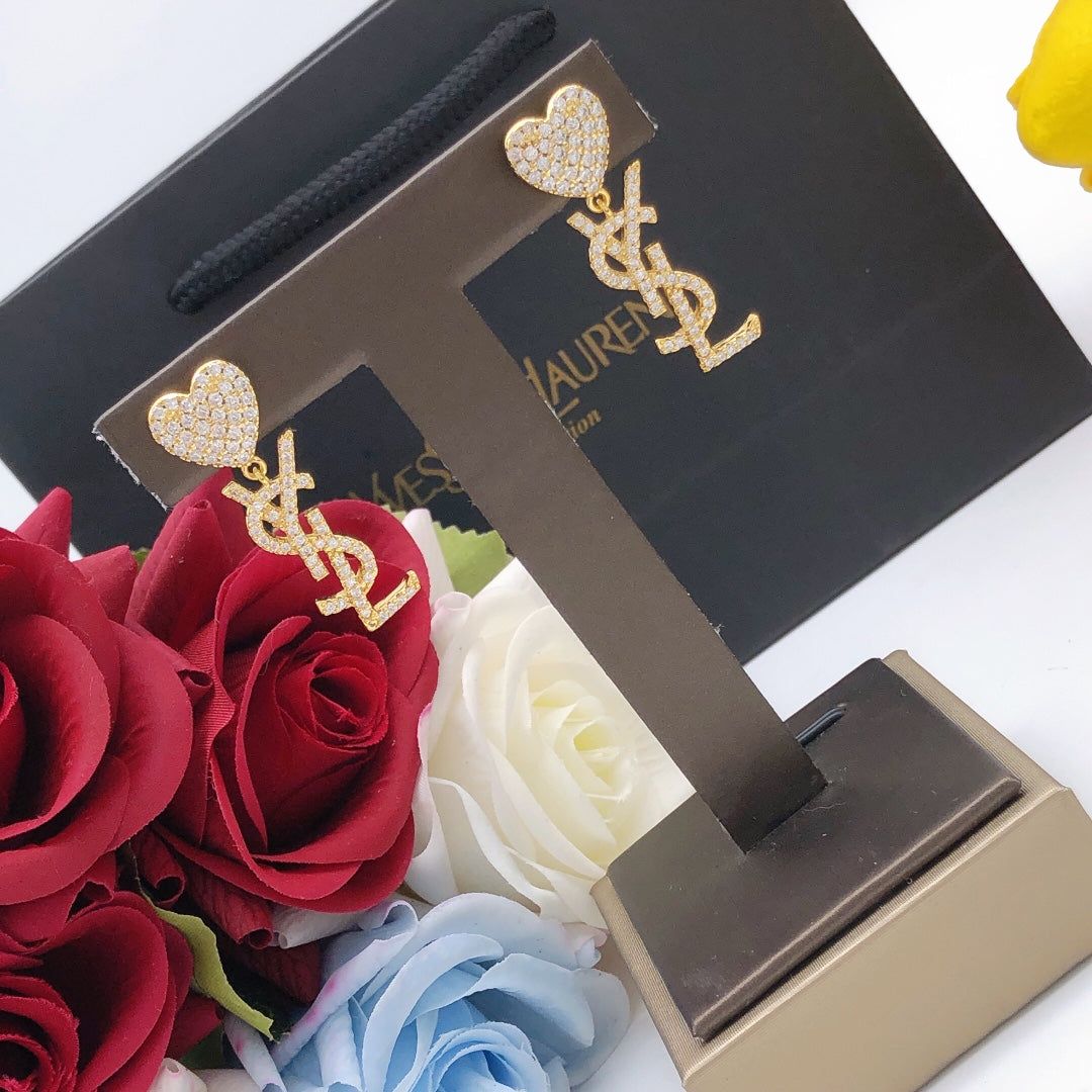 Saint Laurent Crystal Heart Monogram Drop Earrings in Two Metal Tones - album image 8