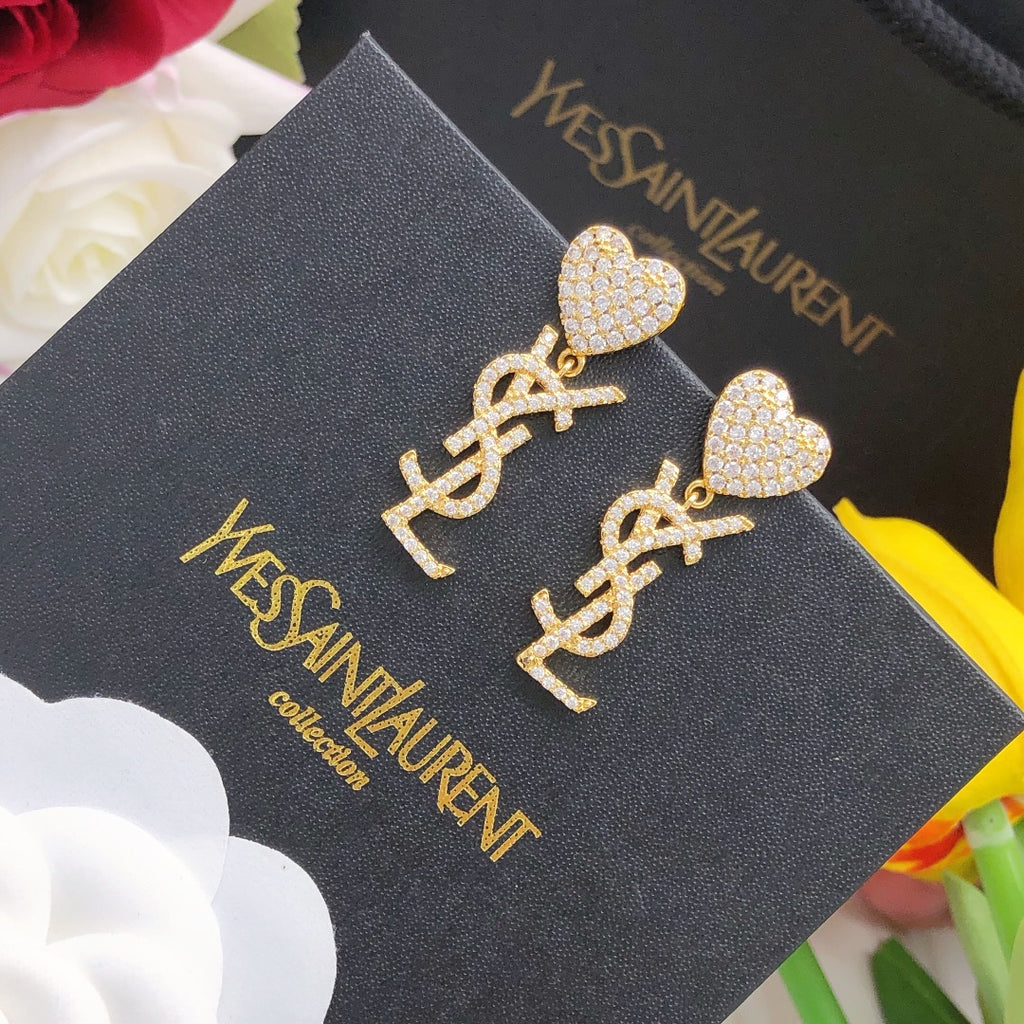 Saint Laurent Crystal Heart Monogram Drop Earrings in Two Metal Tones - album image 2