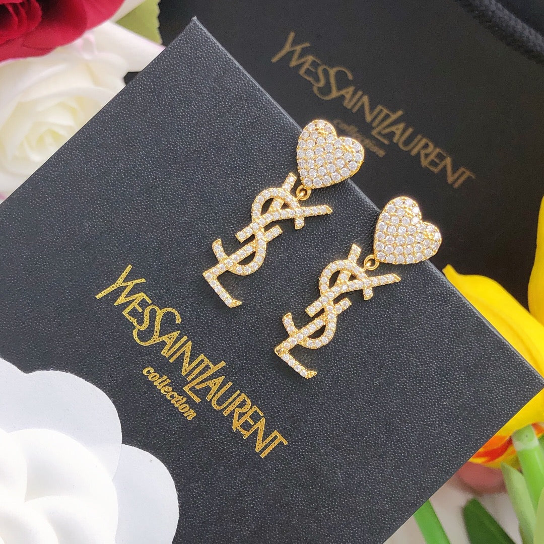 Saint Laurent Crystal Heart Monogram Drop Earrings in Two Metal Tones - album image 2